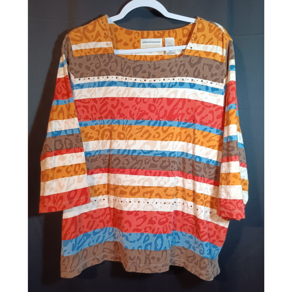 Alfred Dunner Top Women's Plus 1X Stripe Animal Print Studded 3/4 Sleeve Fall